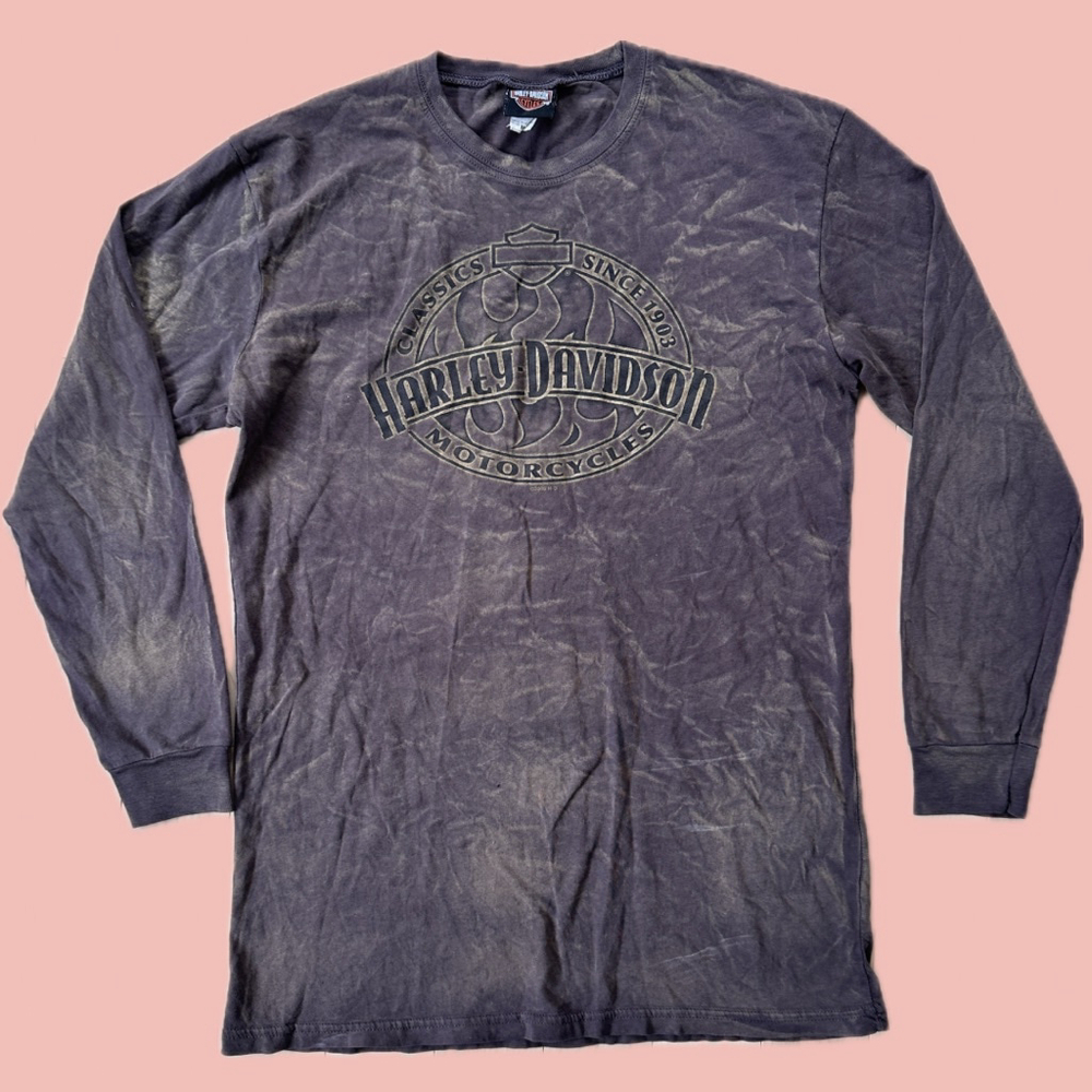 Harley Davidson Long Sleeve Shirt Size M Brown Acid Wash Logo Tee